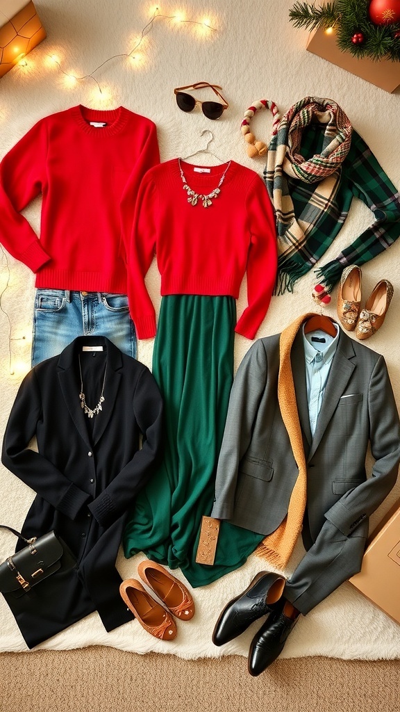 A collection of Christmas outfits including a red sweater, green dress, knit cardigan, and tailored suit, displayed with festive accessories.